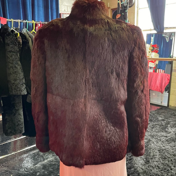 90s Y2K Burgundy Red Dyed Rabbit Fur Coat Luxury Womens M Soft Vamp Plush - Picture 3 of 9